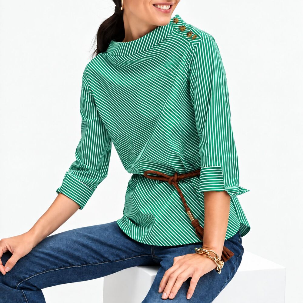 Chico's Mock Neck Green Stripe Poplin Tunic Top Size 3 (US 16) NWOT